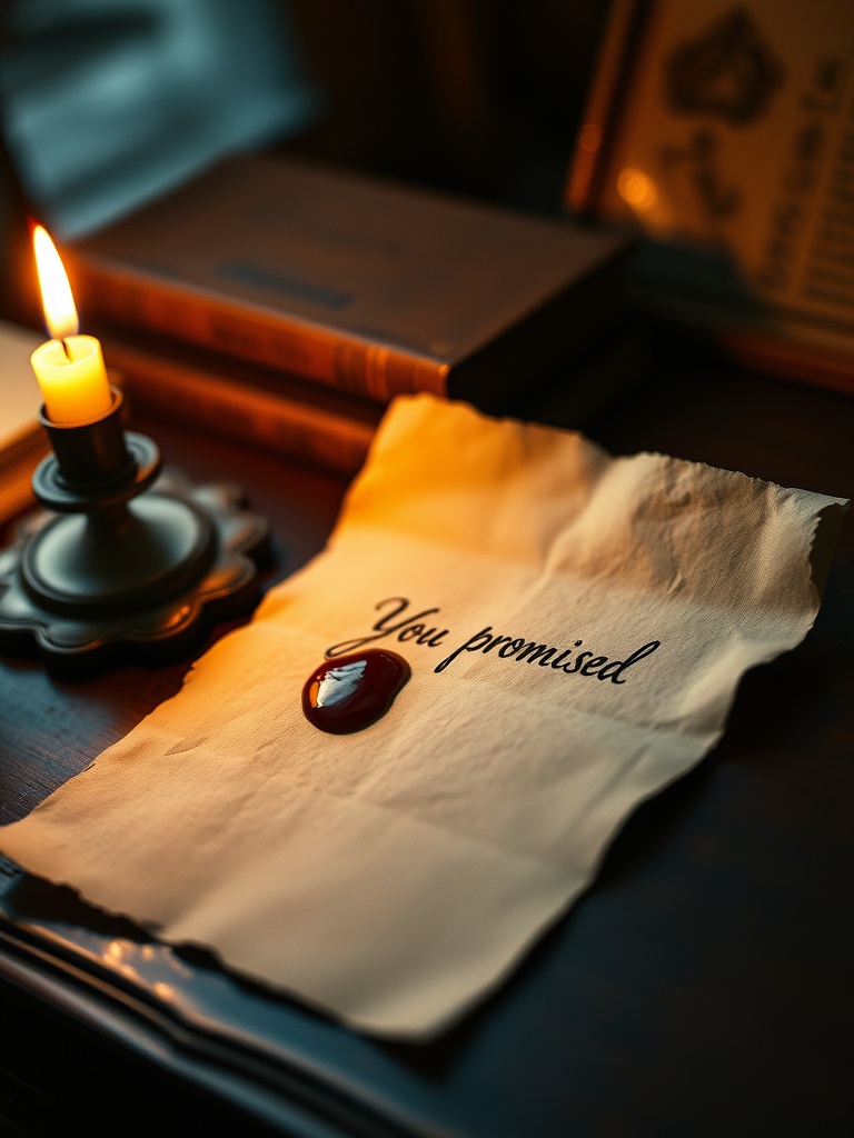 A blood-stained letter on an antique desk – An elegant handwritten letter, slightly crumpled, with a single drop of blood soaking into the parchment. A flickering candle casts ominous shadows. The words 'You promised' on the note.