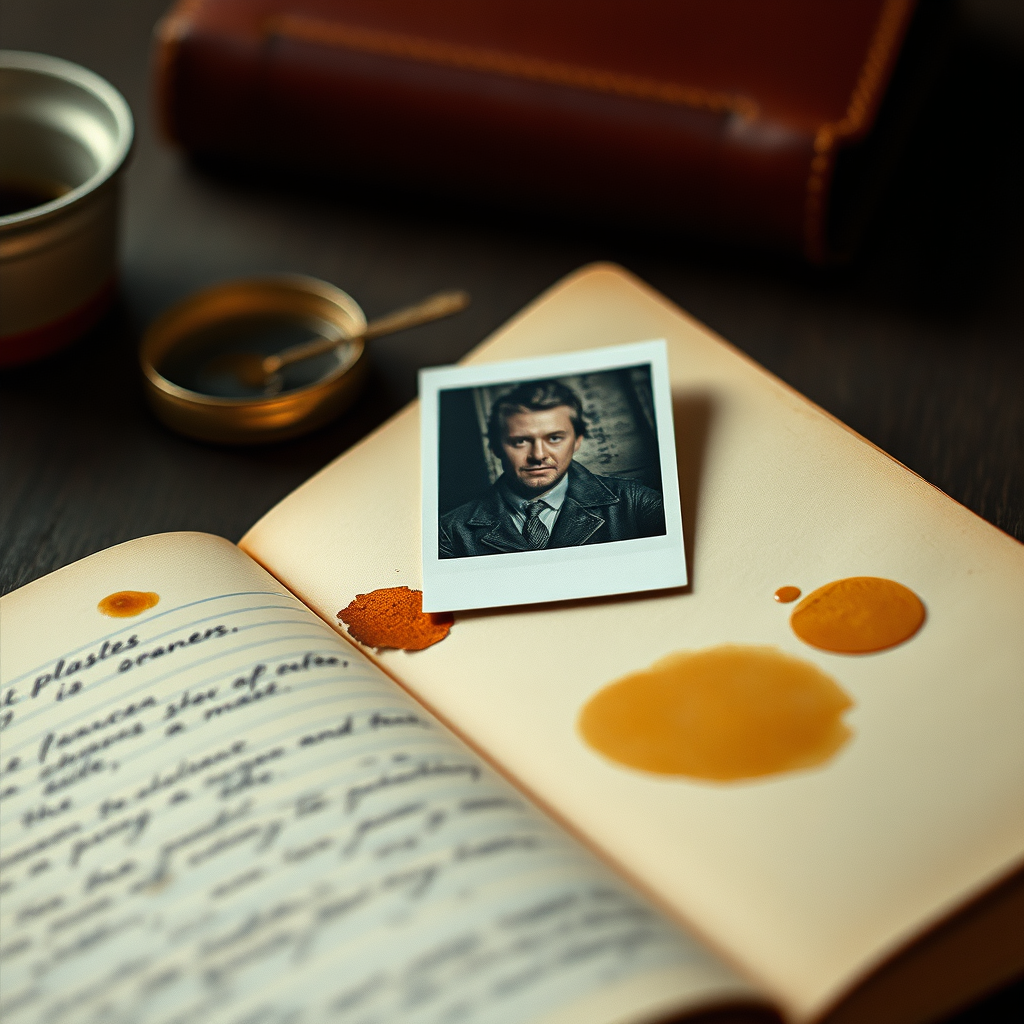 A leather-bound notebook open to scribbled notes, a coffee stain, and a Polaroid of a missing man tucked between the pages. A sense of unfolding mystery.