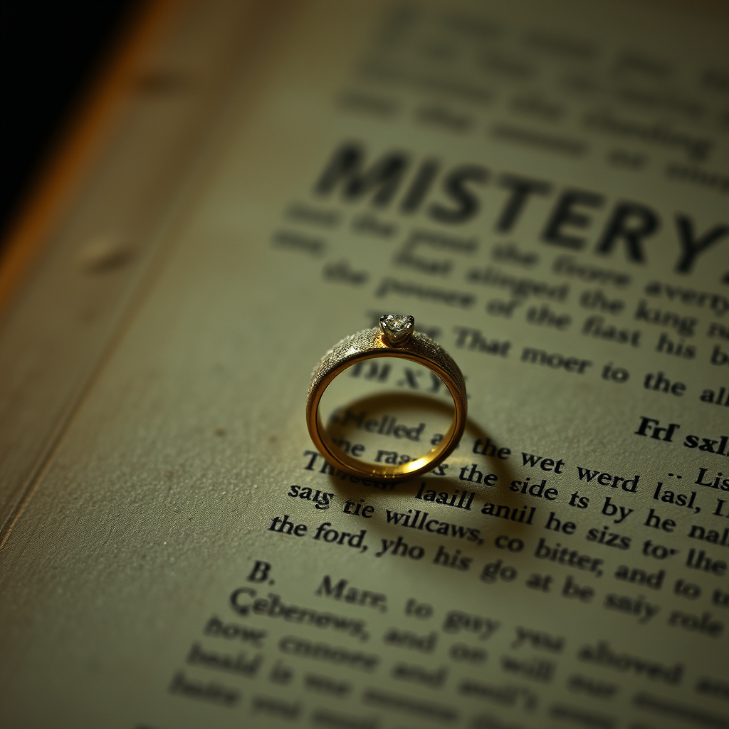 A simple gold wedding ring covered in dust, resting between the pages of an old mystery novel.