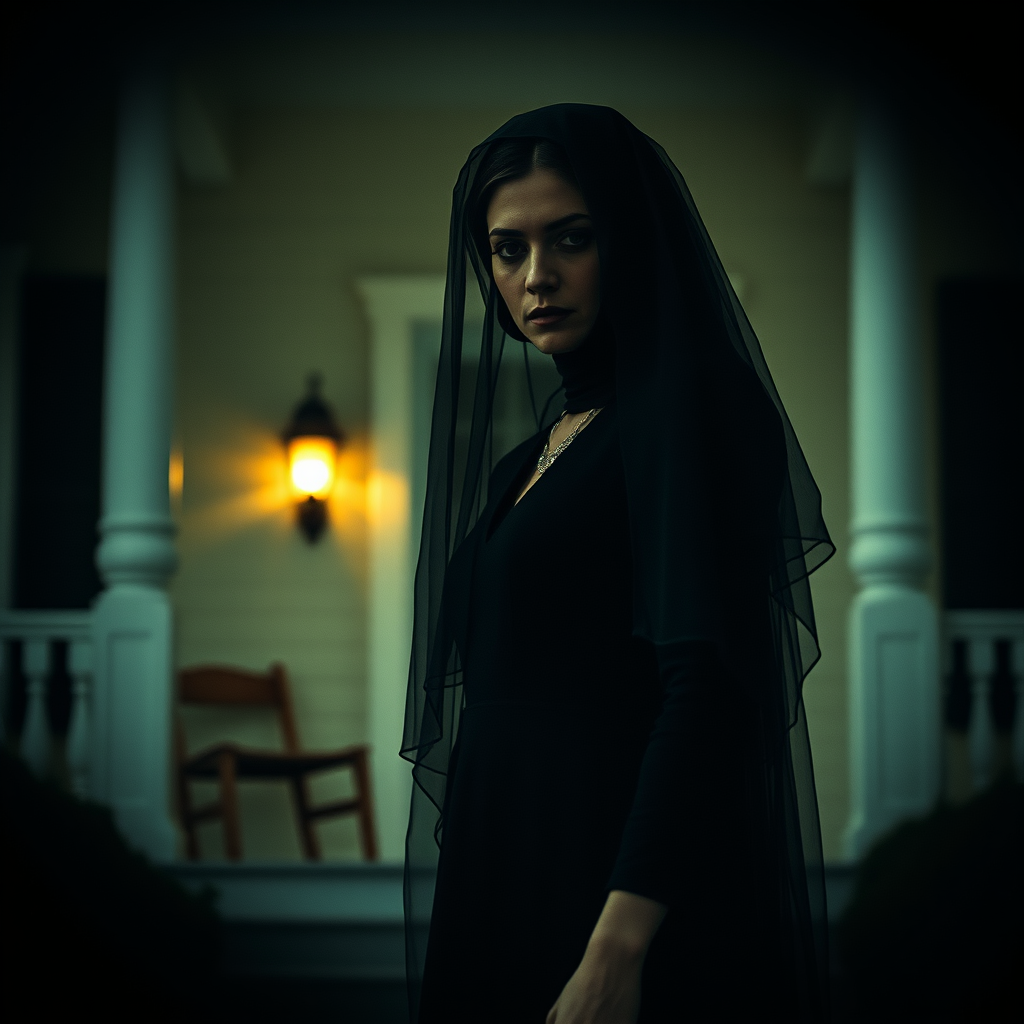 A widow in a black dress and veil, standing in the shadows of an old Southern-style home. Her face is half-hidden, conveying both grief and secrecy. Psychological thriller.